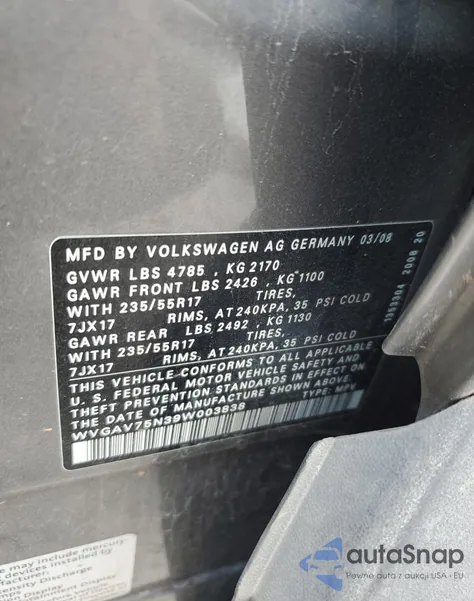 2009 Volkswagen Tiguan S from USA, damaged, VIN WVGAV75N39W003838